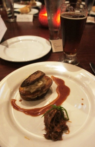 Seared Fois Gras Napoleon with Duck Confit, Carmalized Apples and Red Eye Demi Glaze